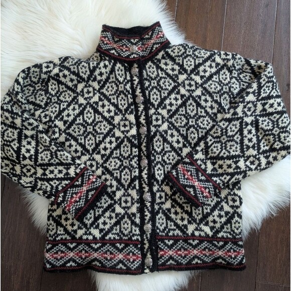 Vintage LL Bean Nordic Fair Isle Cardigan Sweater Silver Buttons Large Made USA - Picture 1 of 8
